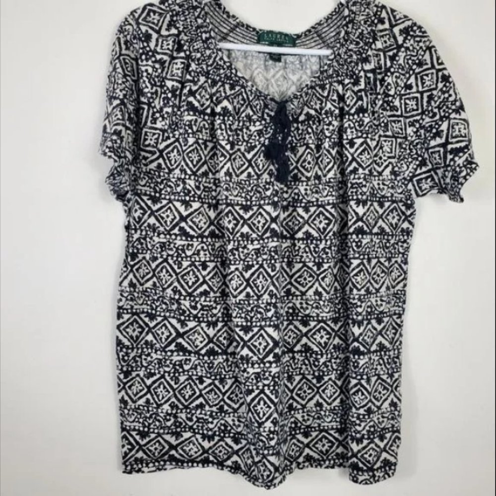 Lauren Ralph Lauren Geo Patten Short Sleeve Top Womens Size 2X Tassel Tie Neck